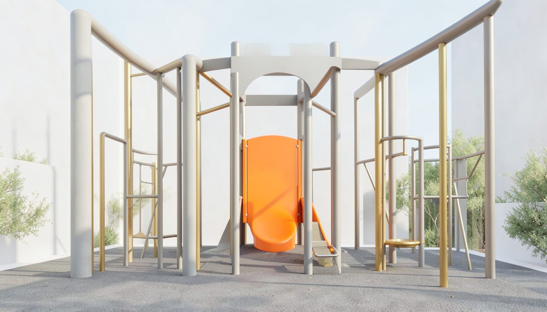 A symmetrical playground structure with soft muted colors, gray and gold tones, cheerful and calm mood