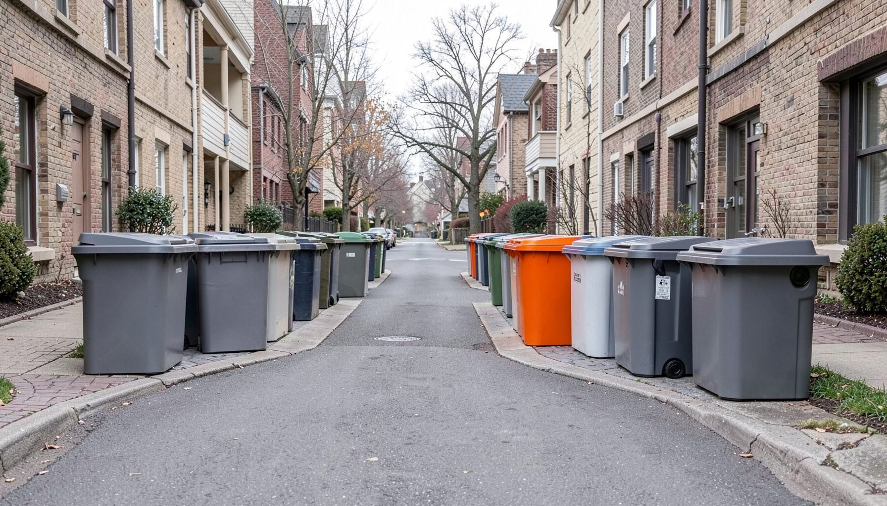 A neat row of curbside collection bins along a residential street, muted gray and beige tones, orderly early-morning mood