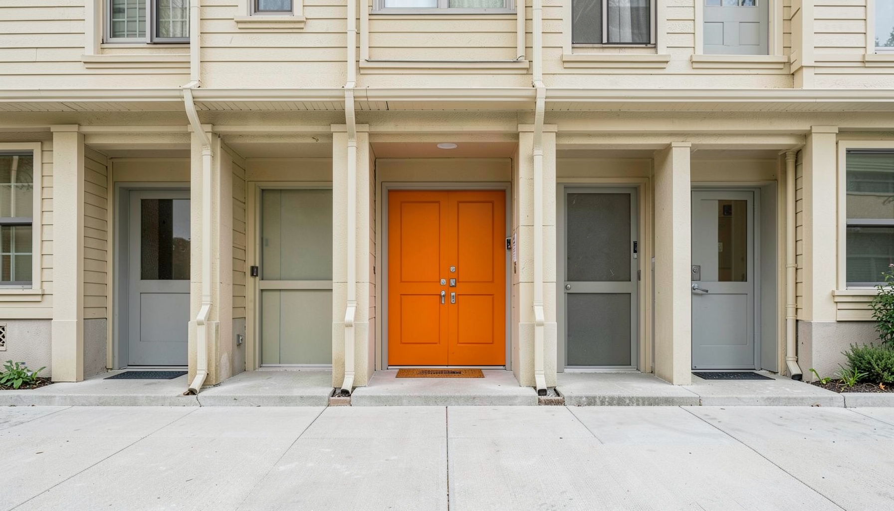 A tidy row of townhome-style entrances viewed head-on, soft gold and gray palette, orderly and quiet mood