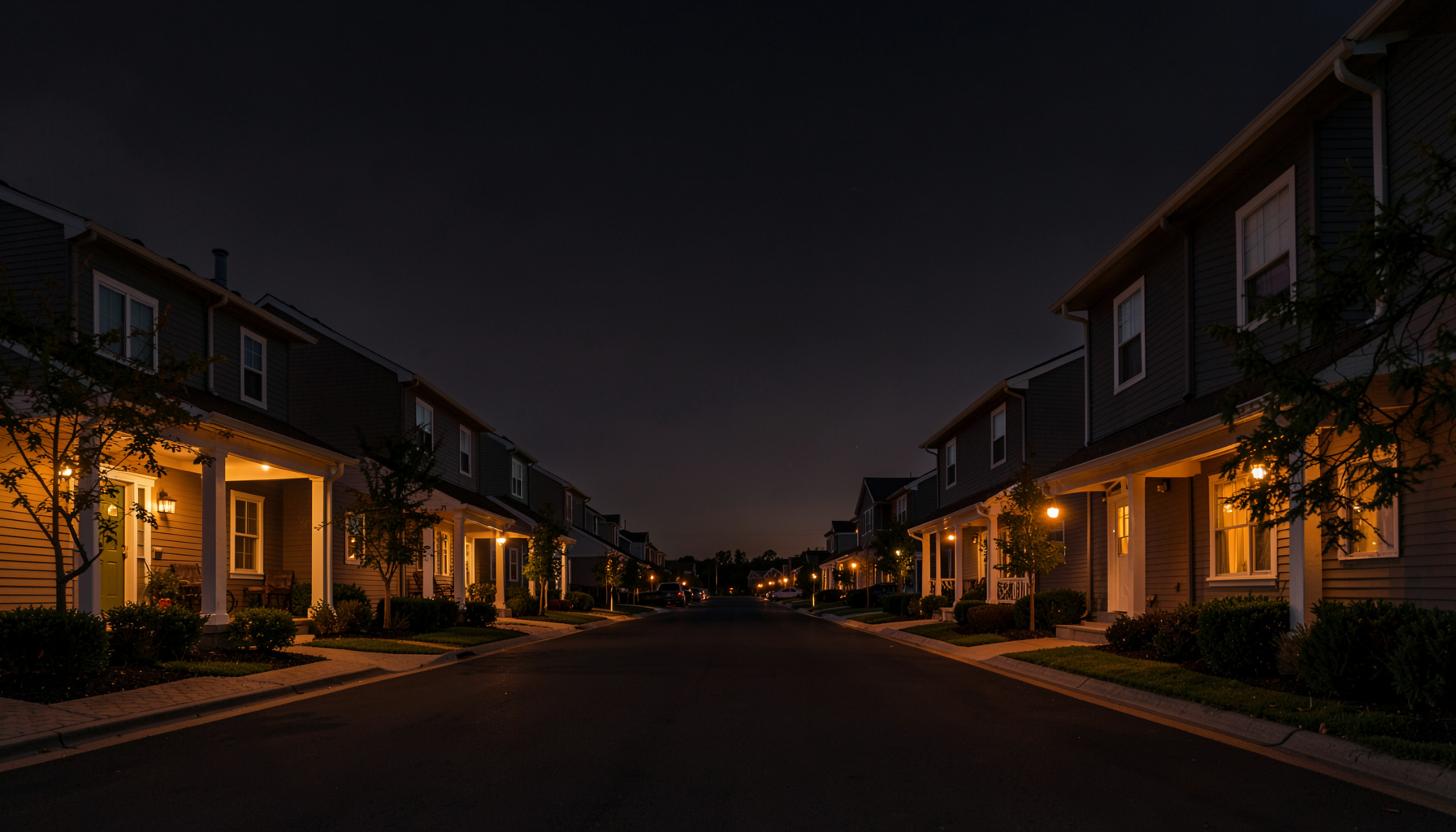 A wide symmetrical view of a peaceful housing community street at dusk, deep charcoal sky with warm golden porch lighting, calm residential mood