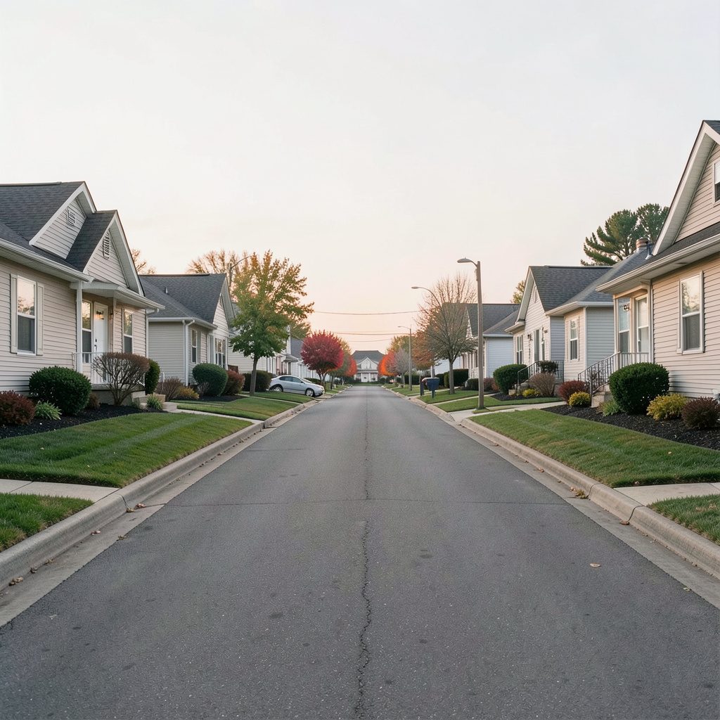 A symmetrical view of a quiet residential street lined with modest homes and trimmed lawns, soft gray and beige tones, calm early-morning mood